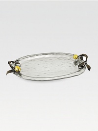 From the Lemonwood Collection. A shapely oval tray of silvered glass is superbly accented with sculptural twig handles of oxidized cast metal, each accented with a glowing, golden lemon.Goldplated metal alloyOxidized bronzeSilver glassHand-finished20L X 12.75WHand washImported From the Lemonwood Collection. A shapely oval tray of silvered glass is superbly accented with sculptural twig handles of oxidized cast metal, each accented with a glowing, golden lemon.Goldplated metal alloyOxidized bronzeSilver glassHand-finished20L X 12.75WHand washImported