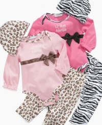 Channel her exotic side with one of these 3-piece animal-print bodysuit, pant and hat sets from First Impressions. Channel her exotic side with one of these 3-piece animal-print bodysuit, pant and hat sets from First Impressions.
