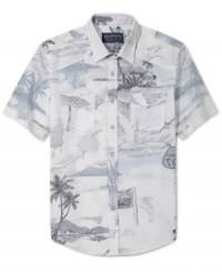 Add a little tropical flavor to your shirt collection with this printed button down from American Rag. Add a little tropical flavor to your shirt collection with this printed button down from American Rag.
