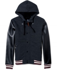 A bold style statement. Stand out under the hood of this varsity-inspired jacket by American Rag. A bold style statement. Stand out under the hood of this varsity-inspired jacket by American Rag.