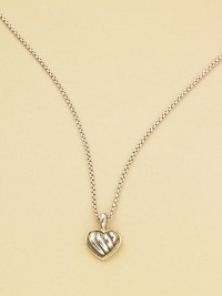 From the Cable Kids Collection. A sweet and simple heart of cabled sterling silver, framed in 18k gold on a sterling silver chain. Sterling silver and 18k yellow gold Chain length, about 14 Pendant length, about ¼ Lobster clasp Made in USA