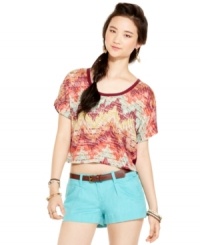 The new crop is here: American Rag's printed tee makes a fierce fashion statement with a sheer chiffon back! The new crop is here: American Rag's printed tee makes a fierce fashion statement with a sheer chiffon back!
