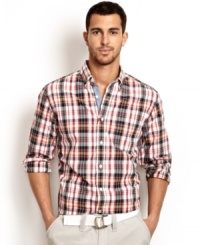 This large plaid print woven shirt from Nautica adds some preppy polish to your casual look. This large plaid print woven shirt from Nautica adds some preppy polish to your casual look.