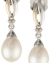 S&G Sterling Silver and 14k Yellow Gold Freshwater Cultured Pearl and Diamond Drop Earrings (0.01 cttw, I-J Color, I3 Clarity)