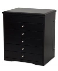 Find a home for an extensive collection in Mele & Co.'s Rowan jewelry box. Five drawers with up to eight compartments each, plus earring holders, ring rolls and necklace panels, provide the perfect place for all your accessories. Find a home for an extensive collection in Mele & Co.'s Rowan jewelry box. Five drawers with up to eight compartments each, plus earring holders, ring rolls and necklace panels, provide the perfect place for all your accessories.