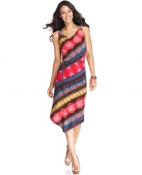 Evan Picone infuses this asymmetrical dress with a dose of global glam thanks to an exotic print and a braided belt. Evan Picone infuses this asymmetrical dress with a dose of global glam thanks to an exotic print and a braided belt.