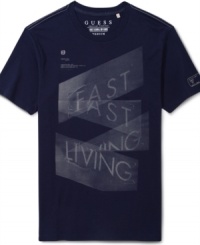 This stylish Guess tee celebrates living it up at lightening speeds. This stylish Guess tee celebrates living it up at lightening speeds.