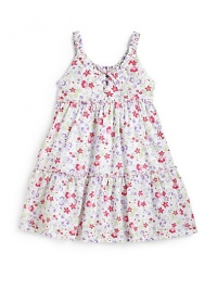 THE LOOKAllover flower printDrawstring neckline and shoulder strapsFront buttonsTiered designTiny ruffle trimConcealed side zipperTHE MATERIALCottonCARE & ORIGINMachine washImported THE LOOKAllover flower printDrawstring neckline and shoulder strapsFront buttonsTiered designTiny ruffle trimConcealed side zipperTHE MATERIALCottonCARE & ORIGINMachine washImported