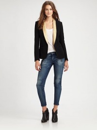 Textured, metallic-threaded lapels transform this long-sleeved, menswear-inspired topper into a sleekly tailored, feminine essential.Foldover lapelsDefined shouldersLong sleevesSingle hook-and-eye closureFront slash pocketsFully linedAbout 24 from shoulder to hemTriacetate/Polyester/Polyamide/Metal Polyester/Viscose GoldDry cleanMade in the USA of imported fabricModel shown is 5'10 (177cm) wearing US size 4. Textured, metallic-threaded lapels transform this long-sleeved, menswear-inspired topper into a sleekly tailored, feminine essential.Foldover lapelsDefined shouldersLong sleevesSingle hook-and-eye closureFront slash pocketsFully linedAbout 24 from shoulder to hemTriacetate/Polyester/Polyamide/Metal Polyester/Viscose GoldDry cleanMade in the USA of imported fabricModel shown is 5'10 (177cm) wearing US size 4.