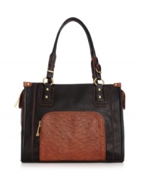 Add a little more luxe to your life with this irresistible silhouette from Jessica Simpson. Adorned with faux ostrich-embossed leather and golden stud accents, it lends a feeling of edgy elegance, while pockets and zipped compartments offer superb organization within. Add a little more luxe to your life with this irresistible silhouette from Jessica Simpson. Adorned with faux ostrich-embossed leather and golden stud accents, it lends a feeling of edgy elegance, while pockets and zipped compartments offer superb organization within.