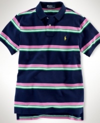Rendered in light-as-air cotton piqué, a short-sleeved polo shirt is tailored for a comfortable, classic fit with thin multi-stripes for a sporty appeal. Rendered in light-as-air cotton piqué, a short-sleeved polo shirt is tailored for a comfortable, classic fit with thin multi-stripes for a sporty appeal.