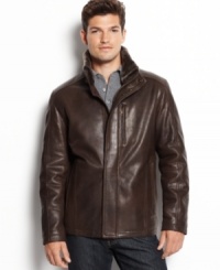 Set yourself up for a good time during any outdoor activity with this rugged leather jacket from Marc New York. Set yourself up for a good time during any outdoor activity with this rugged leather jacket from Marc New York.
