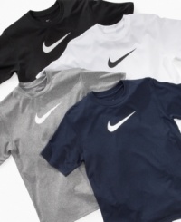 With moisture-management and UV-protected fabric, this Nike T shirt will be the MVP of his athletic wardrobe. With moisture-management and UV-protected fabric, this Nike T shirt will be the MVP of his athletic wardrobe.