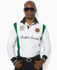 A custom-fitting rugby shirt celebrating the St. Moritz Polo World Cup on Snow has sporty style with bold color-blocking, a metallic PRL CLUB logo and a snow polo crest. A custom-fitting rugby shirt celebrating the St. Moritz Polo World Cup on Snow has sporty style with bold color-blocking, a metallic PRL CLUB logo and a snow polo crest.