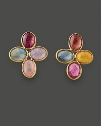 Colorful sapphires in vibrant, brilliant hues are set in 18K yellow gold on these Marco Bicego earrings. Colorful sapphires in vibrant, brilliant hues are set in 18K yellow gold on these Marco Bicego earrings.