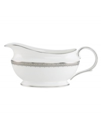 Inspired by the trim on an elegant gown, the graceful Lace Couture gravy boat features an intricate platinum border that combines harmoniously with white bone china for unparalleled style. From Lenox. Inspired by the trim on an elegant gown, the graceful Lace Couture gravy boat features an intricate platinum border that combines harmoniously with white bone china for unparalleled style. From Lenox.