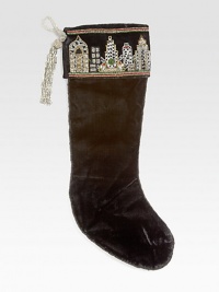 A hand-embroidered New York skyline decorates the cuff of this velvet stocking with textured rope edging, from renowned designer Sudha Pennathur. HandcraftedVelvet with bead embroidery and rayon cord21L; 7½ top openingDry cleanImported A hand-embroidered New York skyline decorates the cuff of this velvet stocking with textured rope edging, from renowned designer Sudha Pennathur. HandcraftedVelvet with bead embroidery and rayon cord21L; 7½ top openingDry cleanImported