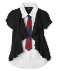 A necktie on the front of this cozy layered cardigan gives her a back-to-school look that sets its own rules. A necktie on the front of this cozy layered cardigan gives her a back-to-school look that sets its own rules.