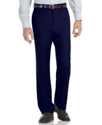 Offering a flat front and a modern fit, these smooth dress pants from Calvin Klein provide the perfect complement to your workweek wardrobe. Offering a flat front and a modern fit, these smooth dress pants from Calvin Klein provide the perfect complement to your workweek wardrobe.
