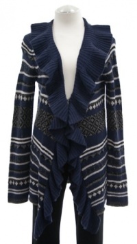 C By Bloomingdale's Navy Combo Wool/Cashmere Ruffle Cardigan Sweater Small C By Bloomingdale's Navy Combo Wool/Cashmere Ruffle Cardigan Sweater Small