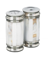 Enhance the elegant style of any table setting with the beauty of Mother of Pearl. Beveled lines of silver-plated brass trim each shaker with classic style, only from Lauren by Ralph Lauren. Enhance the elegant style of any table setting with the beauty of Mother of Pearl. Beveled lines of silver-plated brass trim each shaker with classic style, only from Lauren by Ralph Lauren.