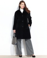 A stylish walker adds polish to any ensemble, while the wool and alpaca blend adds extra warmth to this plus size topper from Jones New York! A stylish walker adds polish to any ensemble, while the wool and alpaca blend adds extra warmth to this plus size topper from Jones New York!