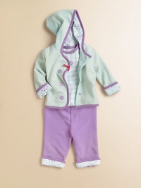 An essential three-piece set includes a crystal-embroidered hoodie and sweatpants with crystal lining, plus a polka dot bodysuit for an ultra-soft An essential three-piece set includes a crystal-embroidered hoodie and sweatpants with crystal lining, plus a polka dot bodysuit for an ultra-soft