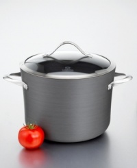 Keep it simple with versatile equipment. This 8-quart nonstick stock pot has a capacity indicator line on the rim, making it easy to bring straight from the kitchen to the table. Simmer stews, soups and more in this stock pot. Made of heavy-gauge aluminum, it has an anodized exterior, durable nonstick interior for healthy, low-fat cooking, ergonomic handle that stays cool during stovetop cooking and durable tempered glass lid that nestles within for a clean look. The stainless steel band adds style and functionality - there are less crevasses for food to get stuck in. Branded with Calphalon® logo. Keep it simple with versatile equipment. This 8-quart nonstick stock pot has a capacity indicator line on the rim, making it easy to bring straight from the kitchen to the table. Simmer stews, soups and more in this stock pot. Made of heavy-gauge aluminum, it has an anodized exterior, durable nonstick interior for healthy, low-fat cooking, ergonomic handle that stays cool during stovetop cooking and durable tempered glass lid that nestles within for a clean look. The stainless steel band adds style and functionality - there are less crevasses for food to get stuck in. Branded with Calphalon® logo.