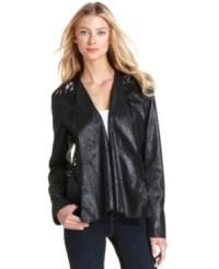 Inset lace adds a feminine touch to INC's sophisticated coated cascade jacket. The soft silhouette works well with fitted dresses, jeans and more! (Clearance) Inset lace adds a feminine touch to INC's sophisticated coated cascade jacket. The soft silhouette works well with fitted dresses, jeans and more! (Clearance)