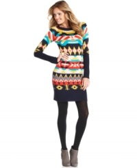 A bright, graphic tribal print will grab your attention when you can't decide what to wear! Jessica Simpson makes this sweater dress fun and flattering. A bright, graphic tribal print will grab your attention when you can't decide what to wear! Jessica Simpson makes this sweater dress fun and flattering.