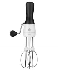 Whip your kitchen into shape! Chefs love the handheld convenience and incredible versatility of this manual tool. The durable beaters provide a stable rest on the bottom of the bowl for an easy, high-powered approach to a better mix. The bottom half snaps off for easy clean-up in the dishwasher and each individual beater detaches with a quick snap for easy tasting! Whip your kitchen into shape! Chefs love the handheld convenience and incredible versatility of this manual tool. The durable beaters provide a stable rest on the bottom of the bowl for an easy, high-powered approach to a better mix. The bottom half snaps off for easy clean-up in the dishwasher and each individual beater detaches with a quick snap for easy tasting!