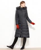 Long and luxuriously trimmed with faux fur, DKNY's puffer coat gives you insulation from the cold with maximum style!