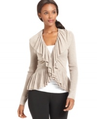 Grace Elements' cardigan features a fully ruffled collar, placket and hem for a feminine look. Grace Elements' cardigan features a fully ruffled collar, placket and hem for a feminine look.