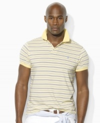 Designed for a comfortable, classic fit from breathable cotton jersey, a handsome short-sleeved polo shirt is finished with a preppy striped pattern (Clearance) Designed for a comfortable, classic fit from breathable cotton jersey, a handsome short-sleeved polo shirt is finished with a preppy striped pattern (Clearance)
