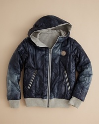 It's all about options. Diesel's Jachio jacket switches from a cool denim print to a solid sateen shell--2 distinct styles to complement his coolest outfits. It's all about options. Diesel's Jachio jacket switches from a cool denim print to a solid sateen shell--2 distinct styles to complement his coolest outfits.