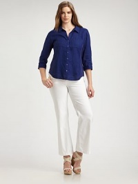 From its chic, three-quarter sleeves to its ultra-feminine, curved hem, you will adore this classic button-down shirt made from soft, lightweight linen. Collar neckThree-quarter sleevesButton frontPatch pocketsCurved hemBack yokeAbout 26 from shoulder to hemLinenMachine washImported From its chic, three-quarter sleeves to its ultra-feminine, curved hem, you will adore this classic button-down shirt made from soft, lightweight linen. Collar neckThree-quarter sleevesButton frontPatch pocketsCurved hemBack yokeAbout 26 from shoulder to hemLinenMachine washImported