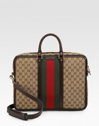 GG fabric briefcase with signature web detail. Double zip top closure with lock Double handles Adjustable, detachable shoulder strap Red/green/red signature web Light gold hardware Interior zip, cell phone and PDA pockets Padded laptop compartment with tab snap 2.4W X 12.2H X 16.5L Made in Italy 