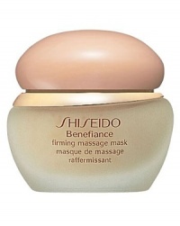 Shiseido Benefiance Firming Massage Mask. When massaged into skin, this super-hydrating, gel mask promotes suppleness and firmness, while eliminating fatigue. Use weekly following skincare routine. Mask may be tissued or rinsed off. Use with the Shiseido Facial Massage Method. Shiseido Benefiance Firming Massage Mask. When massaged into skin, this super-hydrating, gel mask promotes suppleness and firmness, while eliminating fatigue. Use weekly following skincare routine. Mask may be tissued or rinsed off. Use with the Shiseido Facial Massage Method.