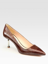 Printed patent leather design with a pointed toe and chrome heel. Chrome heel, 2½ (65mm)Patent leather upperPoint toeLeather lining and solePadded insoleMade in Italy Printed patent leather design with a pointed toe and chrome heel. Chrome heel, 2½ (65mm)Patent leather upperPoint toeLeather lining and solePadded insoleMade in Italy