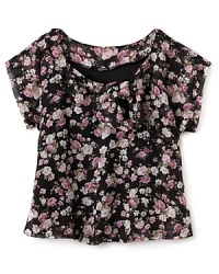 In a charming floral print, this knotted Aqua girls' top gets grown up in a sophisticated black, pink and ivory palette.