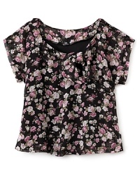In a charming floral print, this knotted Aqua girls' top gets grown up in a sophisticated black, pink and ivory palette. In a charming floral print, this knotted Aqua girls' top gets grown up in a sophisticated black, pink and ivory palette.