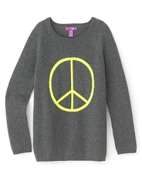 Crafted in luxe cashmere, Aqua's muted intarsia pullover contrasts with a neon peace sign emblazoned across the chest. Crafted in luxe cashmere, Aqua's muted intarsia pullover contrasts with a neon peace sign emblazoned across the chest.