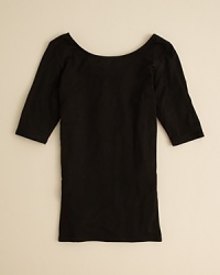 A scoop back and neckline add a pinch of drama to this simply adorable 3/4 sleeve tee. A scoop back and neckline add a pinch of drama to this simply adorable 3/4 sleeve tee.