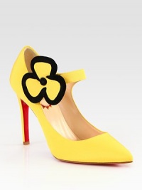 Classic point toe silhouette of rich satin is topped with a whimsical suede-trimmed flower. Self-covered heel, 4 (100mm)Satin and suede upperPoint toeAnkle strap with snap closureLeather liningSignature red leather solePadded insoleMade in Italy Classic point toe silhouette of rich satin is topped with a whimsical suede-trimmed flower. Self-covered heel, 4 (100mm)Satin and suede upperPoint toeAnkle strap with snap closureLeather liningSignature red leather solePadded insoleMade in Italy