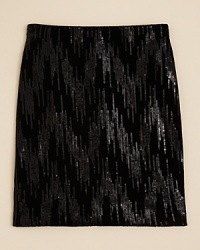 Aqua goes glam with a velvet mini skirt with elastic waist and vertical sequin design throughout. Aqua goes glam with a velvet mini skirt with elastic waist and vertical sequin design throughout.