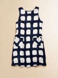 A graphic print and front patch pockets make this pint-sized shift dress a major must-have.Scoop neckSleevelessBack button closureFront patch pocketsHem falls above kneeSilkDry cleanMade in USA of Italian fabrics A graphic print and front patch pockets make this pint-sized shift dress a major must-have.Scoop neckSleevelessBack button closureFront patch pocketsHem falls above kneeSilkDry cleanMade in USA of Italian fabrics