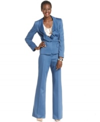 A ruffled collar and a belted waist accent the unique cut of Anne Klein's petite suit. Fashionably flared trousers complete the look. A ruffled collar and a belted waist accent the unique cut of Anne Klein's petite suit. Fashionably flared trousers complete the look.