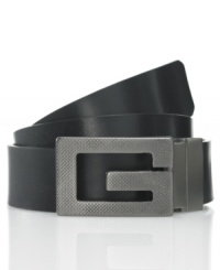 Add some instant edge to your jeans when you finish off your look with the oversized textured metal G of this sleek logo belt from GUESS. Add some instant edge to your jeans when you finish off your look with the oversized textured metal G of this sleek logo belt from GUESS.