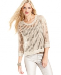 Layer up in DKNY Jeans' open-knit mesh sweater. It looks especially chic with a cami and jeans in a similar hue. Layer up in DKNY Jeans' open-knit mesh sweater. It looks especially chic with a cami and jeans in a similar hue.