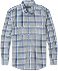 Epaulets and chest pockets add a bit of military snap to this long-sleeved plaid shirt from American Rag. Epaulets and chest pockets add a bit of military snap to this long-sleeved plaid shirt from American Rag.